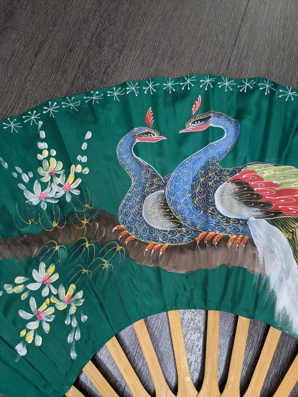 Vintage Decorative Peacock Wall Fan Handpainted Asian Floral Large 30" - Picture 10 of 16